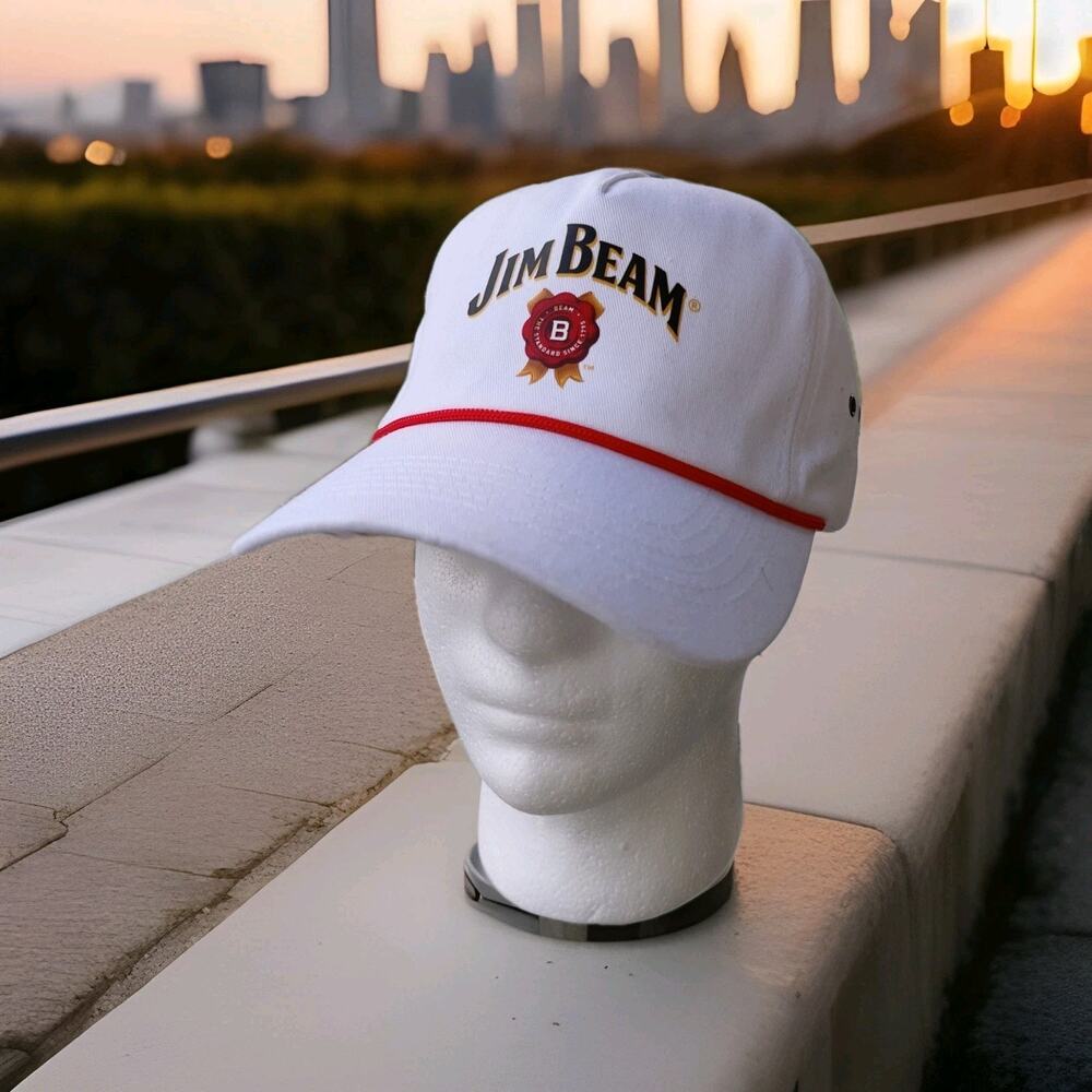 Jim Beam Hat Cap Vintage White Adjustable Rope Hat Red Trim Strap Back Dad Golf